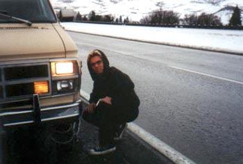 Near Ashland, OR. Jon puts chains on the wrong tire.