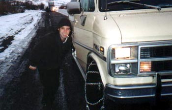 Cameron puts chains on the wrong tire.