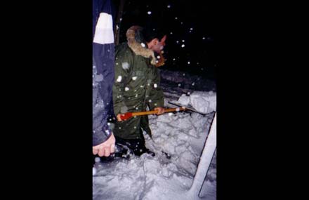 [Denver, CO] Cameron proudly showcasing skills begotten from his midwestern heritage as he shovels the walk so we can load in our gear at the Climax. 